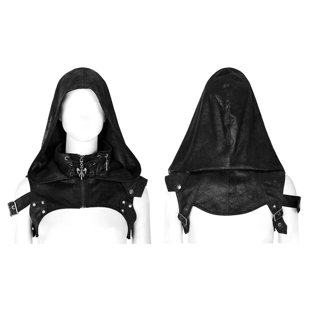 Women's Punk Stand Collar Buckle Cape with Hood - Image 5