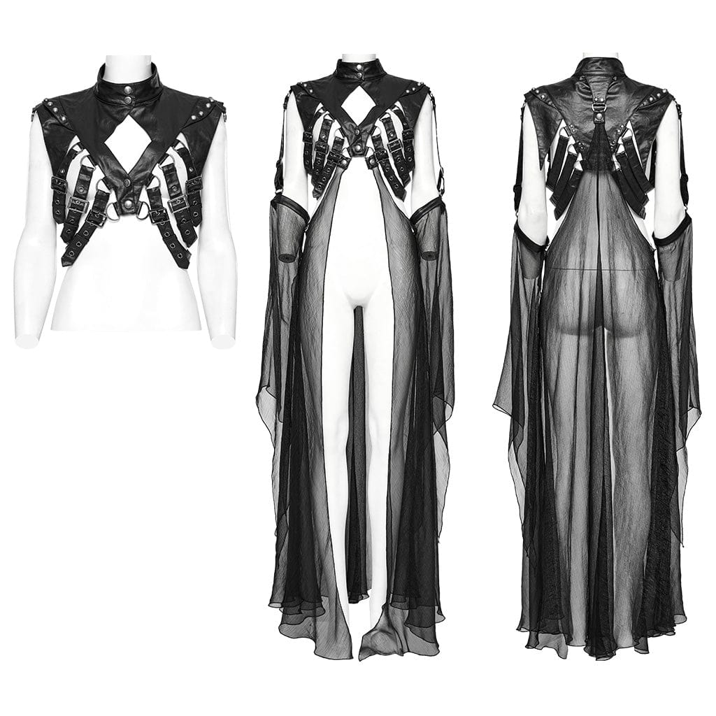 Women's Punk Stand Collar Buckles Removable Cape - Image 5