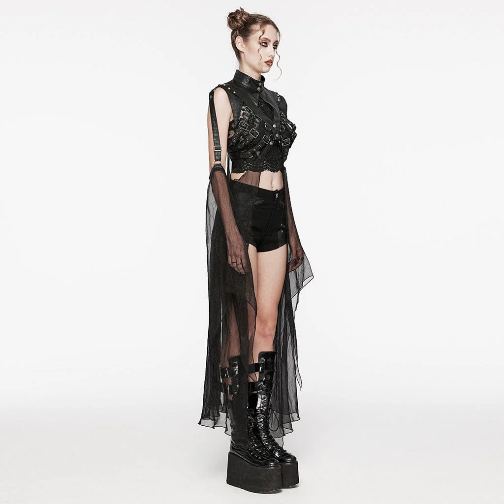 Women's Punk Stand Collar Buckles Removable Cape - Image 3