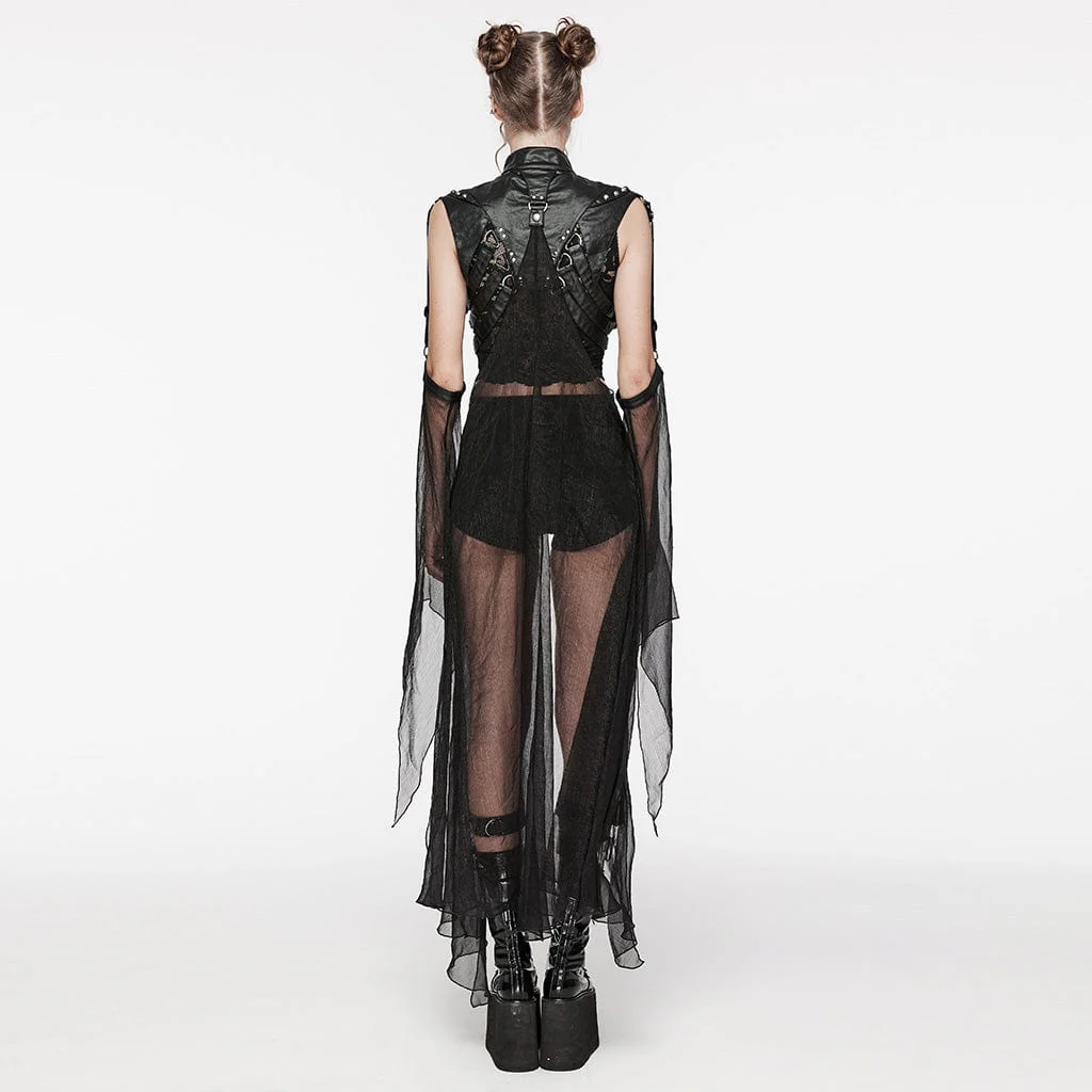 Women's Punk Stand Collar Buckles Removable Cape - Image 4
