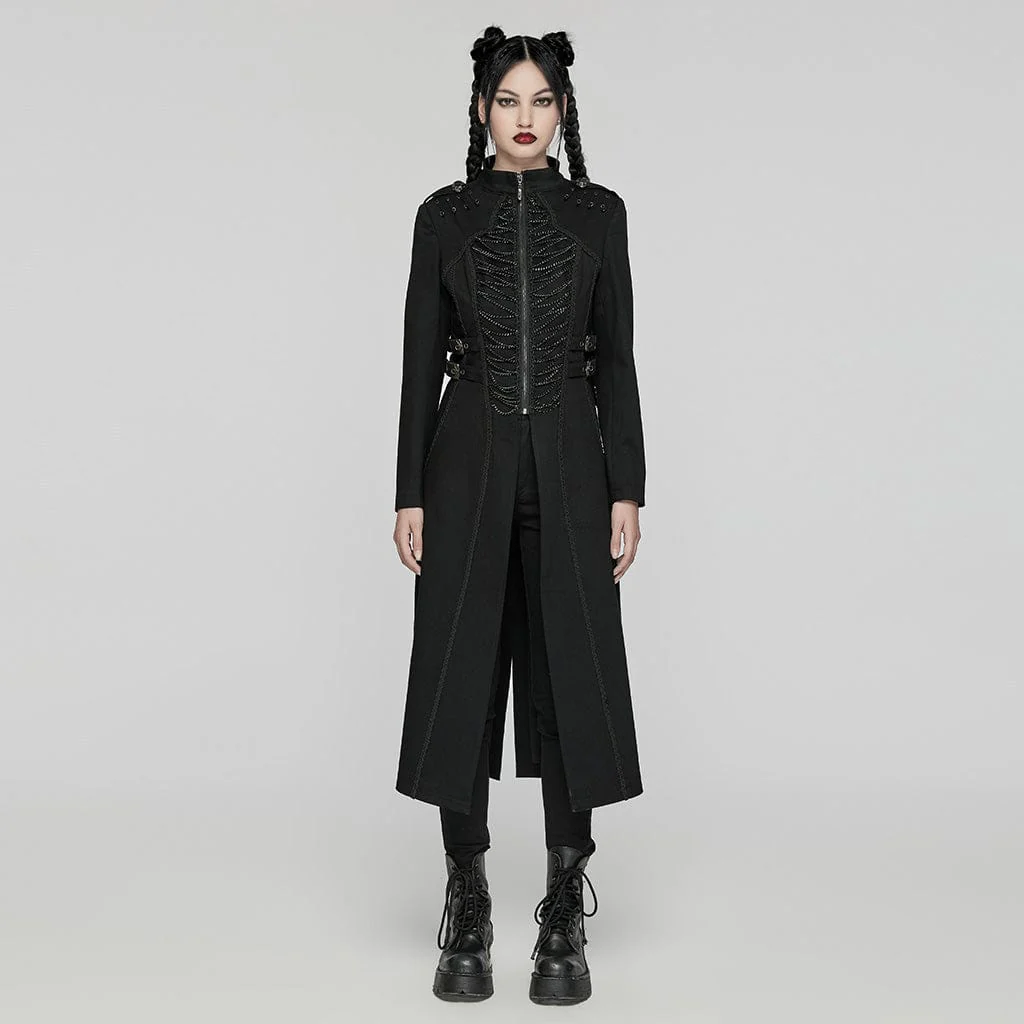 Women's Punk Stand Collar Chain Pin Coat