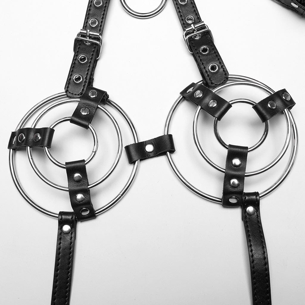 Women's Punk Stand Collar Circular Faux Leather Harness - Image 7