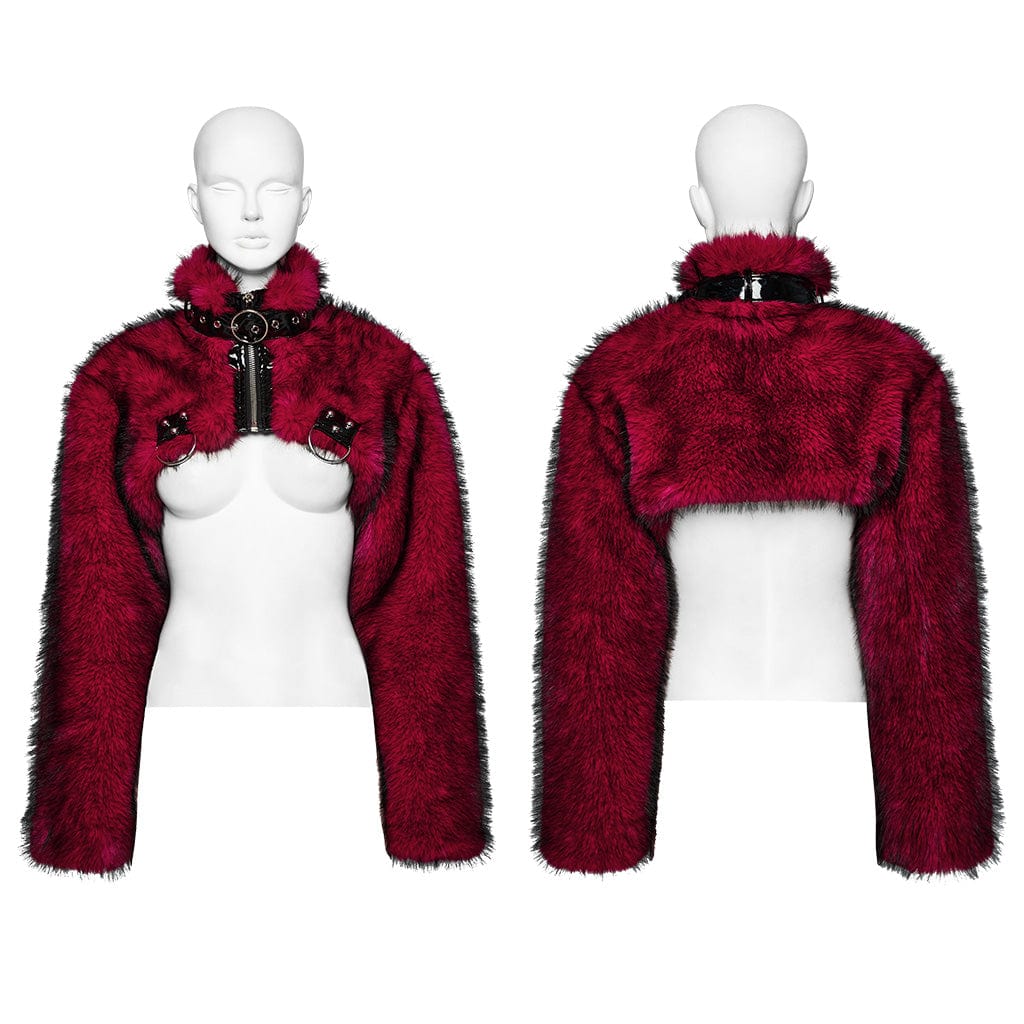 Women's Punk Stand Collar Faux Fur Short Jacket Red - Image 5