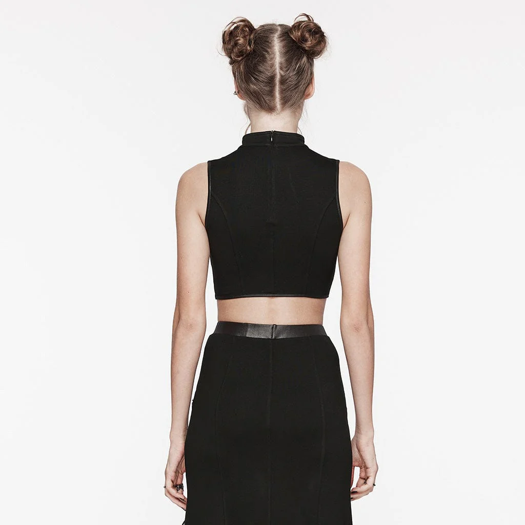 Women's Punk Stand Collar Mesh Splice Strappy Tank Top Black - Image 3
