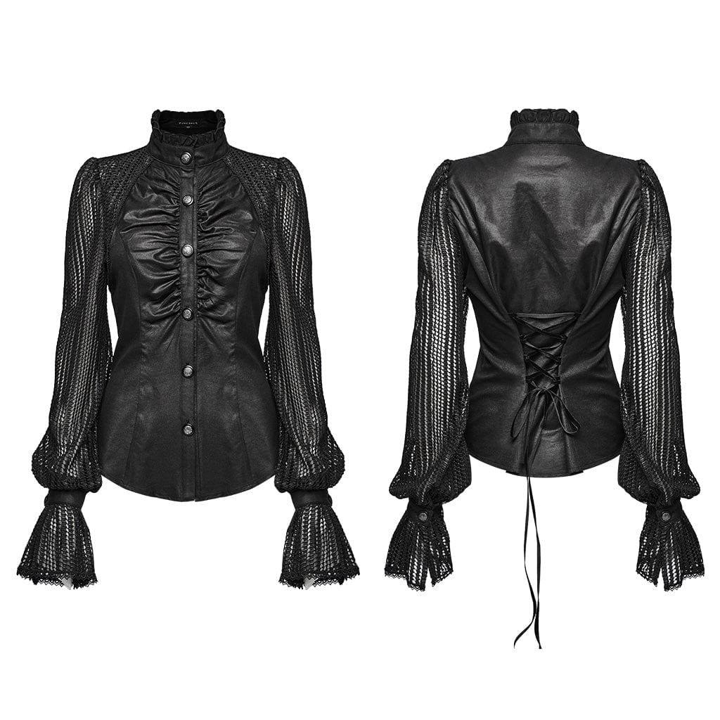 Women's Punk Stand Collar Ruched Mesh Splice Shirt - Image 5