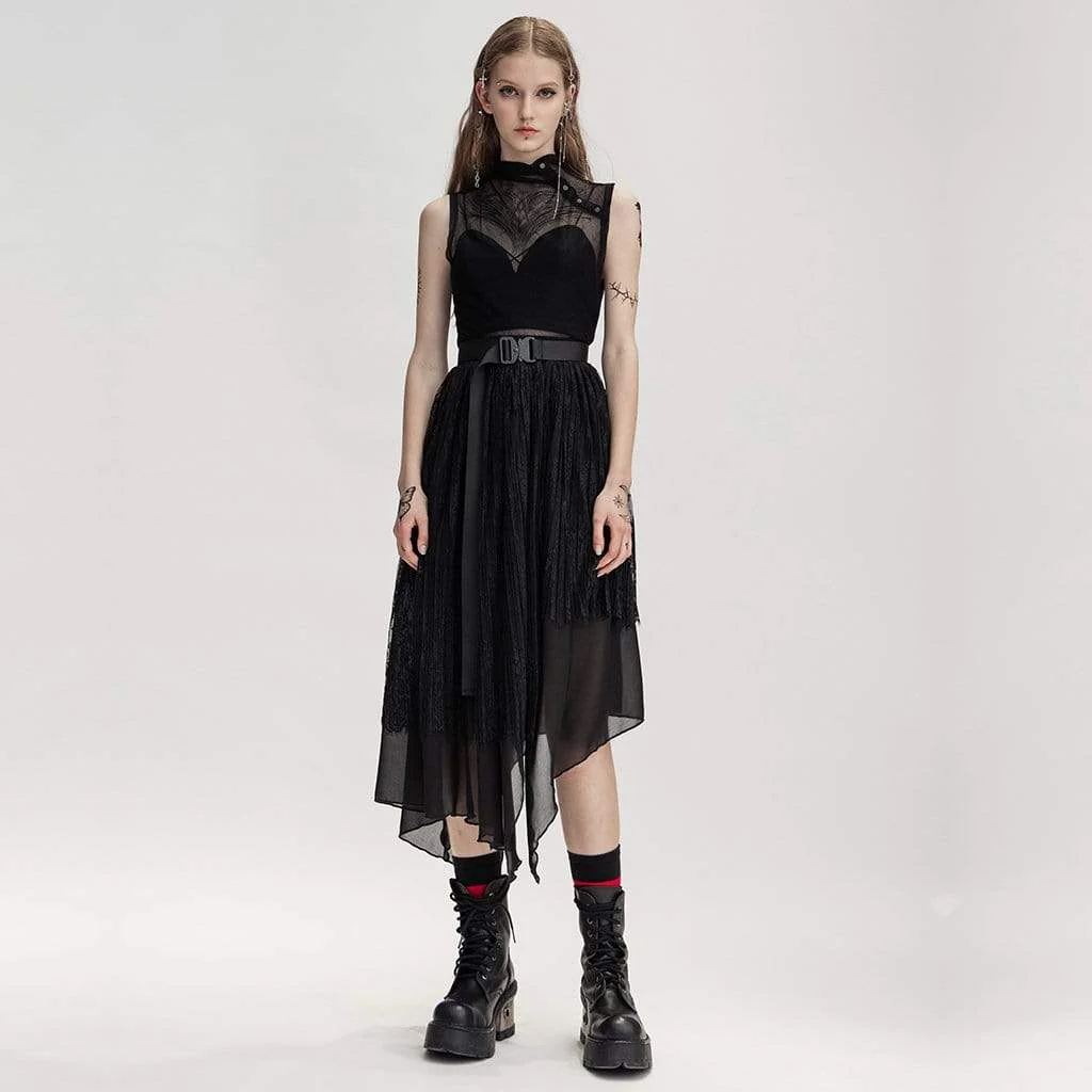 Women's Punk Stand Collar Sheer Mesh Tops - Image 4