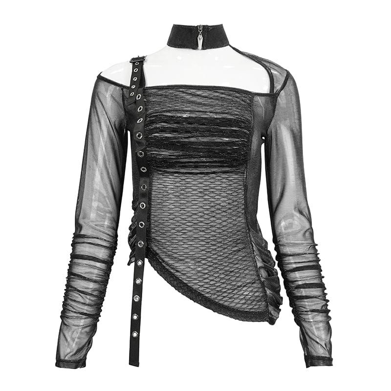 Women's Punk Stand Collar Slash Shoulder Sheer Shirt - Image 4