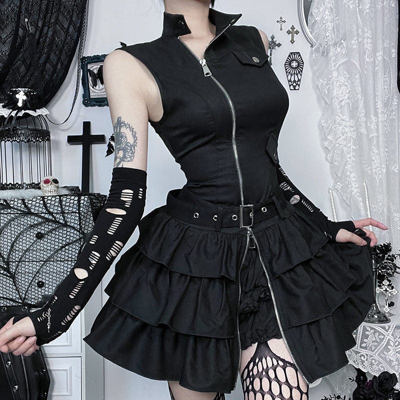 Women's Punk Stand Collar Zipper Layered Party Dress - Image 3