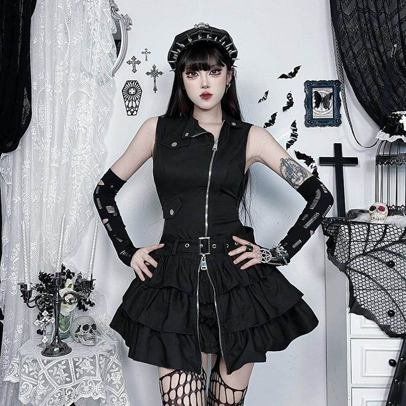 Women's Punk Stand Collar Zipper Layered Party Dress - Image 5