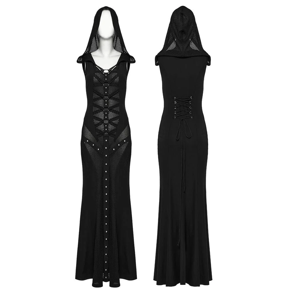 Women's Punk Strap Mesh Splice Sheer Dress with Hood - Image 5