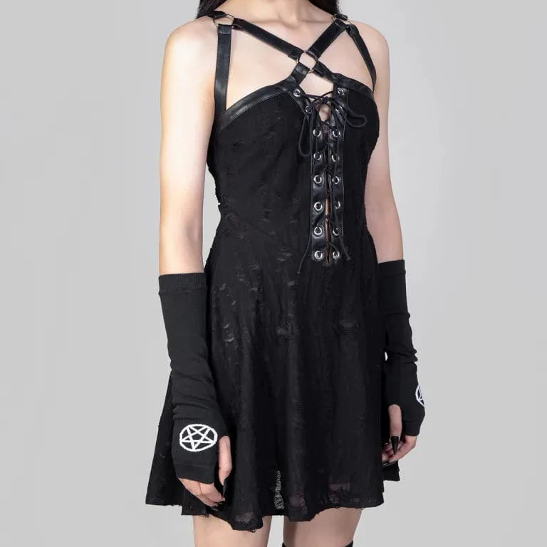 Women's Punk Strap Ripped Lace-up Slip Dress - Image 2