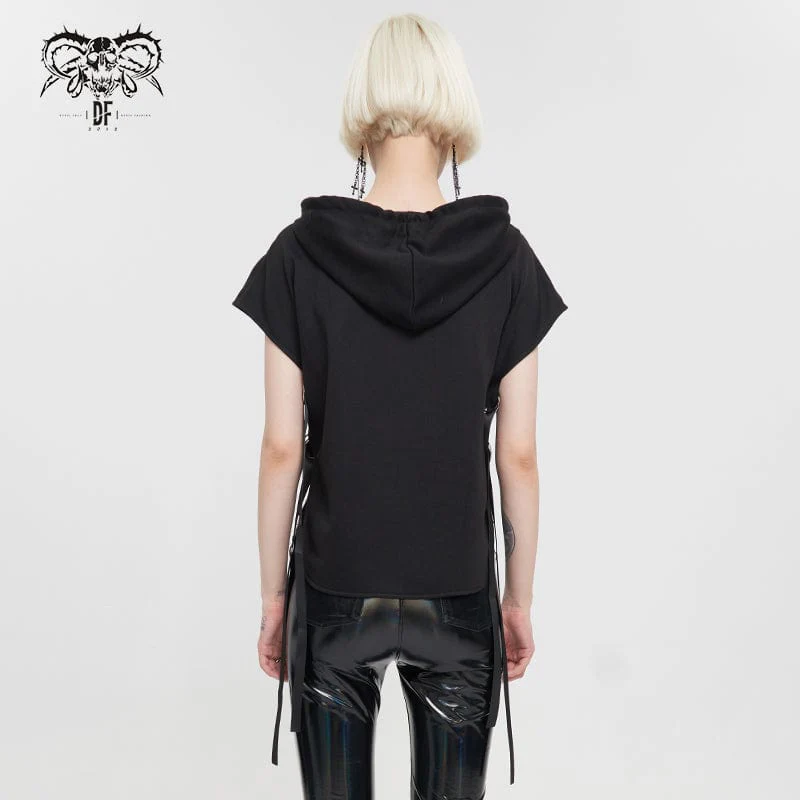 Women's Punk Strap Splice Asymmetric Short Sleeved Crop Top - Image 4