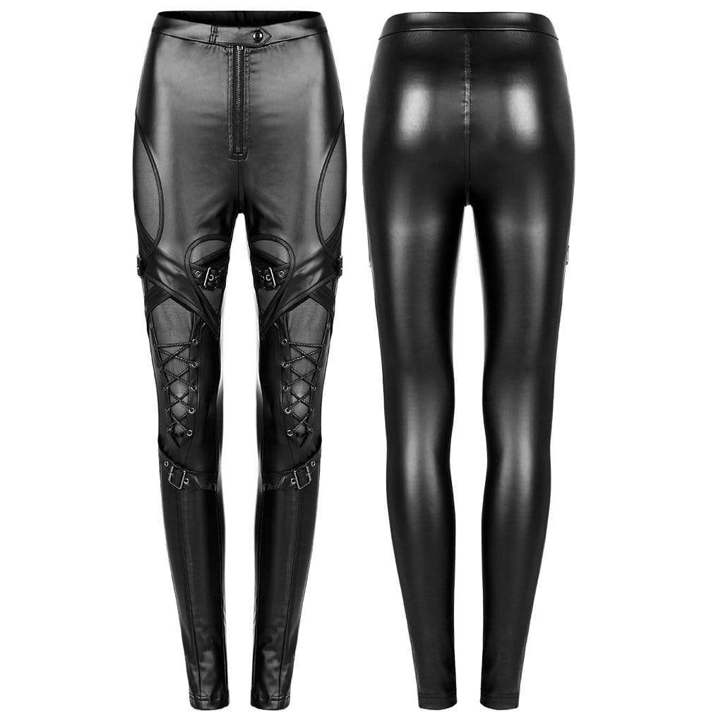 Women's Punk Strappy Mesh Splice Buckle Leggings - Image 5