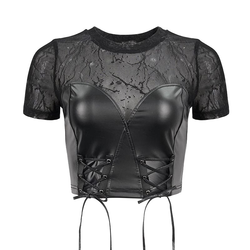 Women's Punk Strappy Mesh Splice Faux Leather Crop Top - Image 7