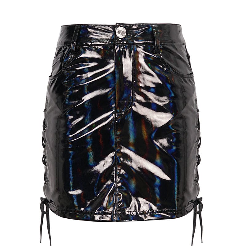 Women's Punk Strappy Patent Leather Skirt - Image 7