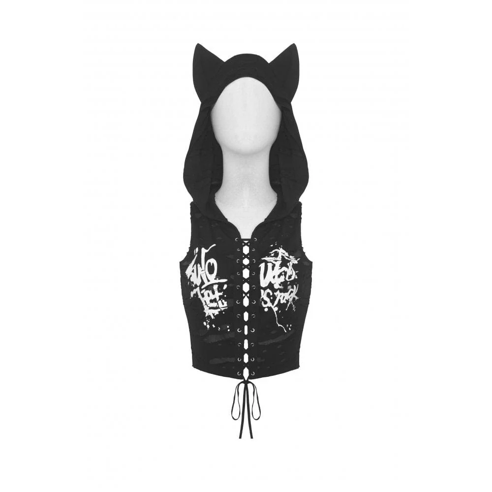 Women's Punk Strappy Ripped Vest with Hood - Image 11