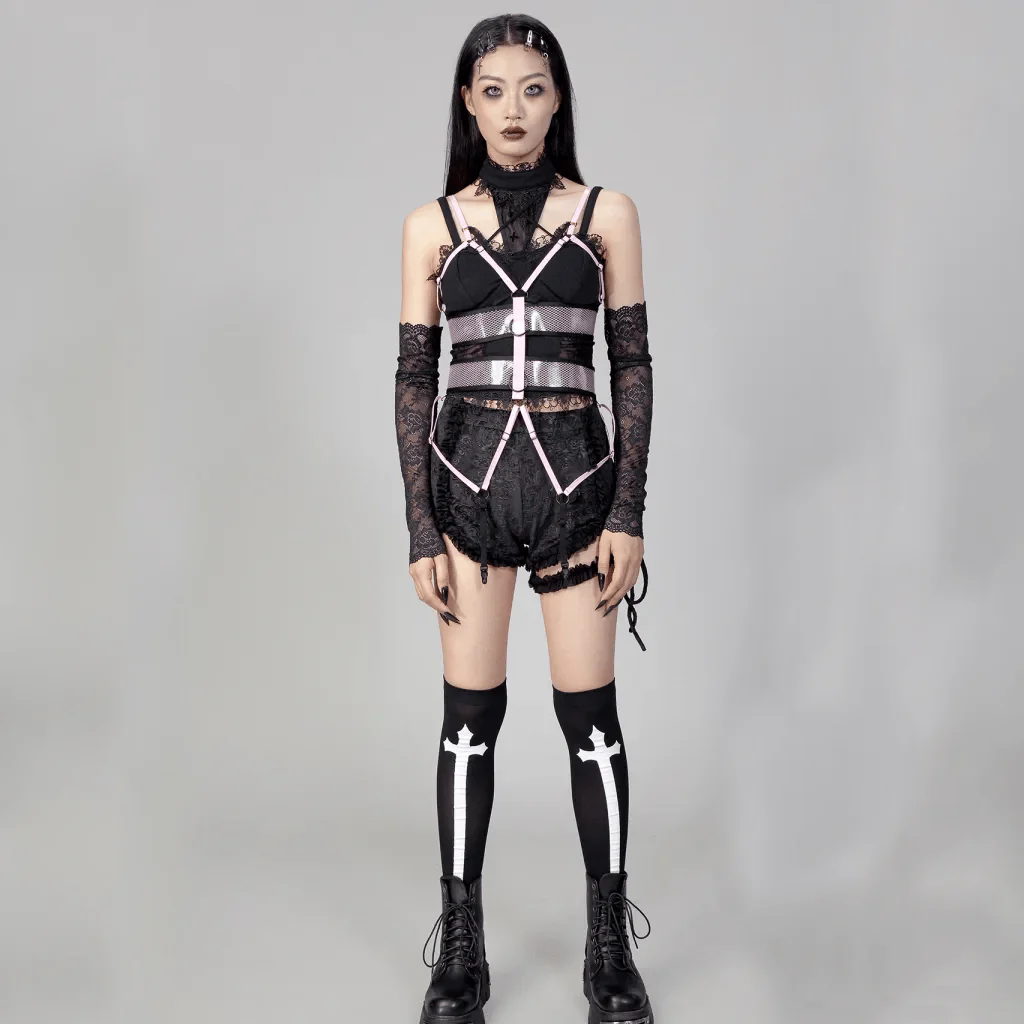 Women's Punk Straps Mesh Body Harness Pink - Image 3