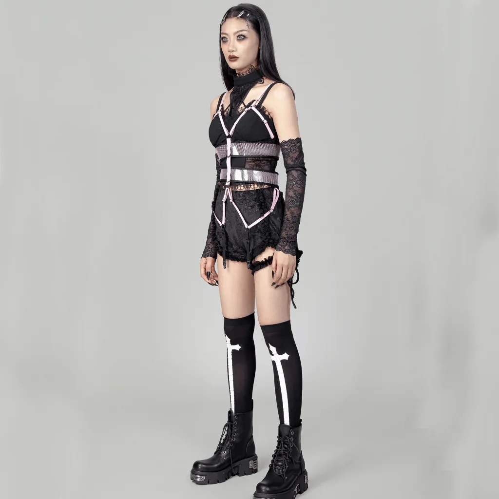 Women's Punk Straps Mesh Body Harness Pink - Image 4