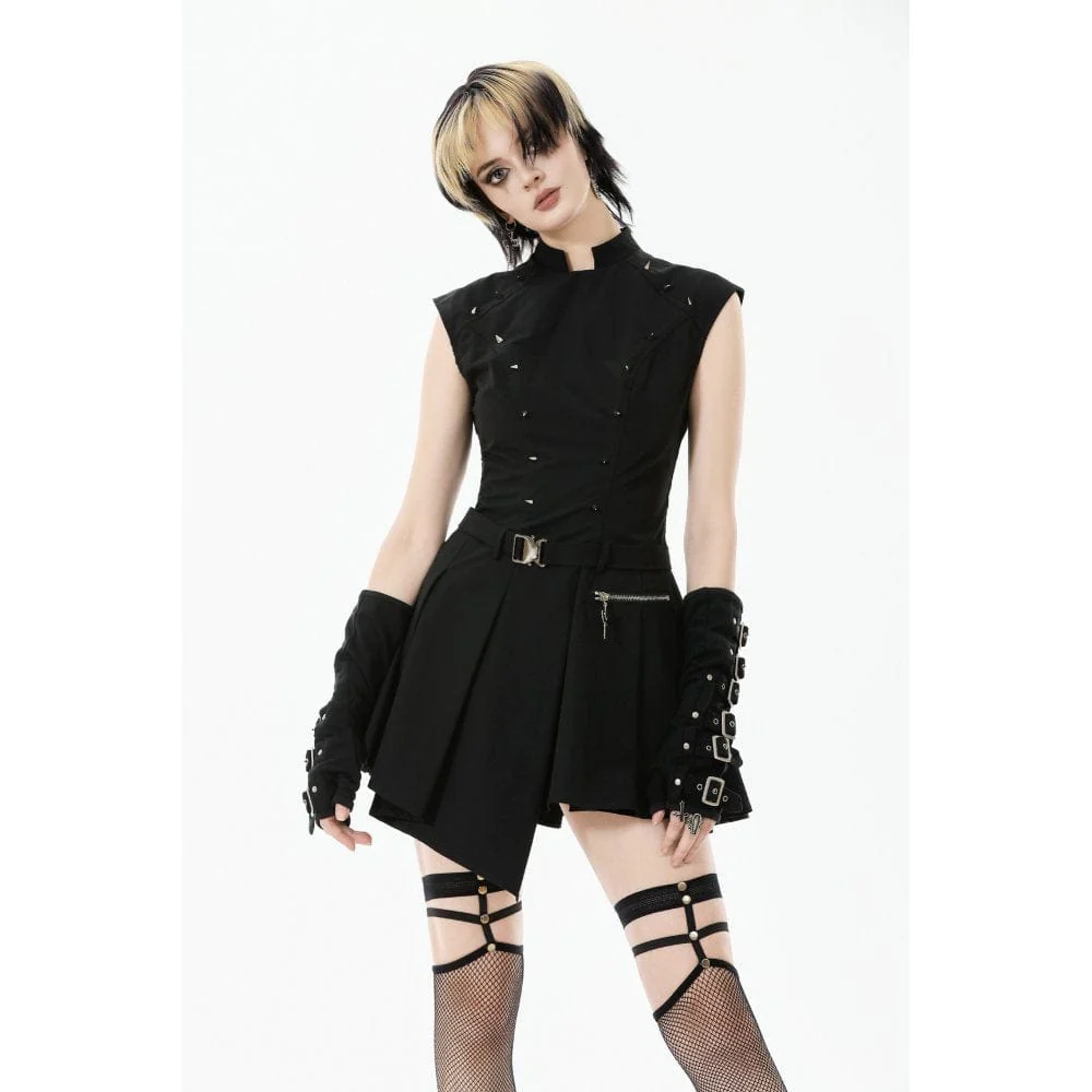 Women's Punk Studded Asymmetrical Pleated Dress - Image 2