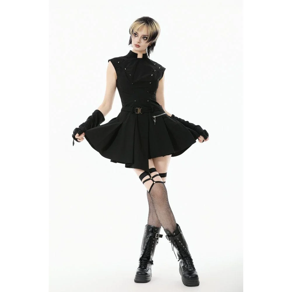 Women's Punk Studded Asymmetrical Pleated Dress - Image 6