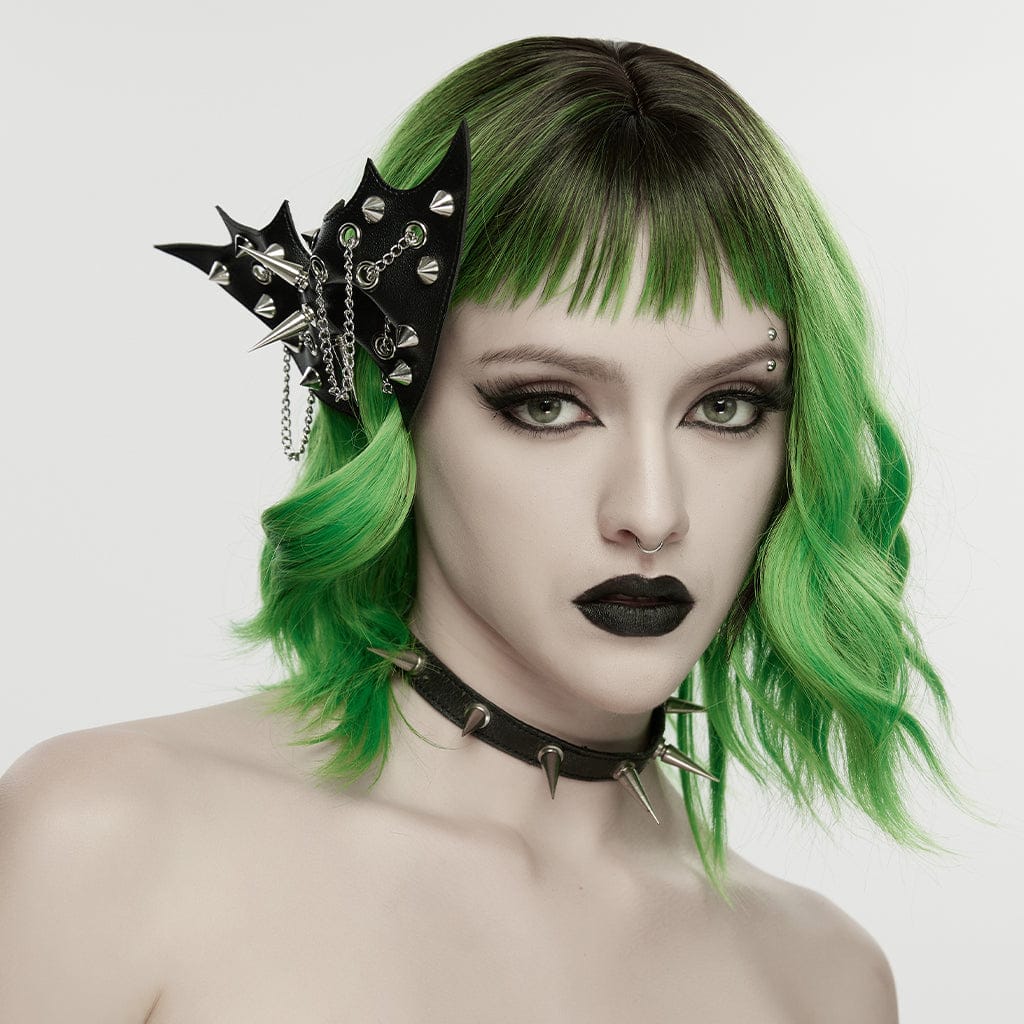 Women's Punk Studded Bat Bow Hairpin Black-Silver - Image 2