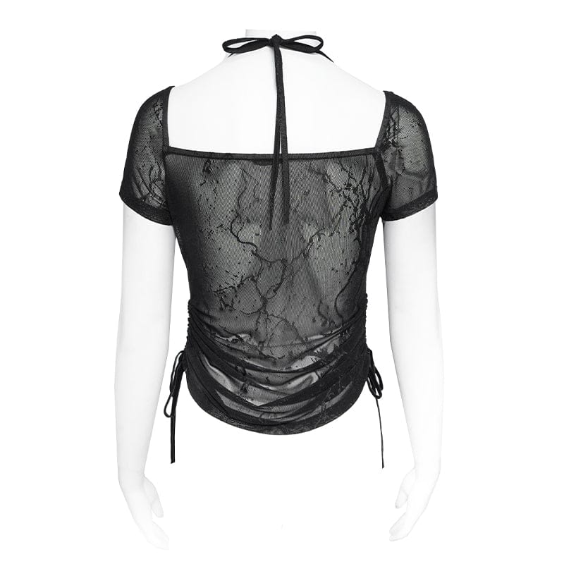 Women's Punk Studded Chained Drawstring Short Sleeved Shirt - Image 8