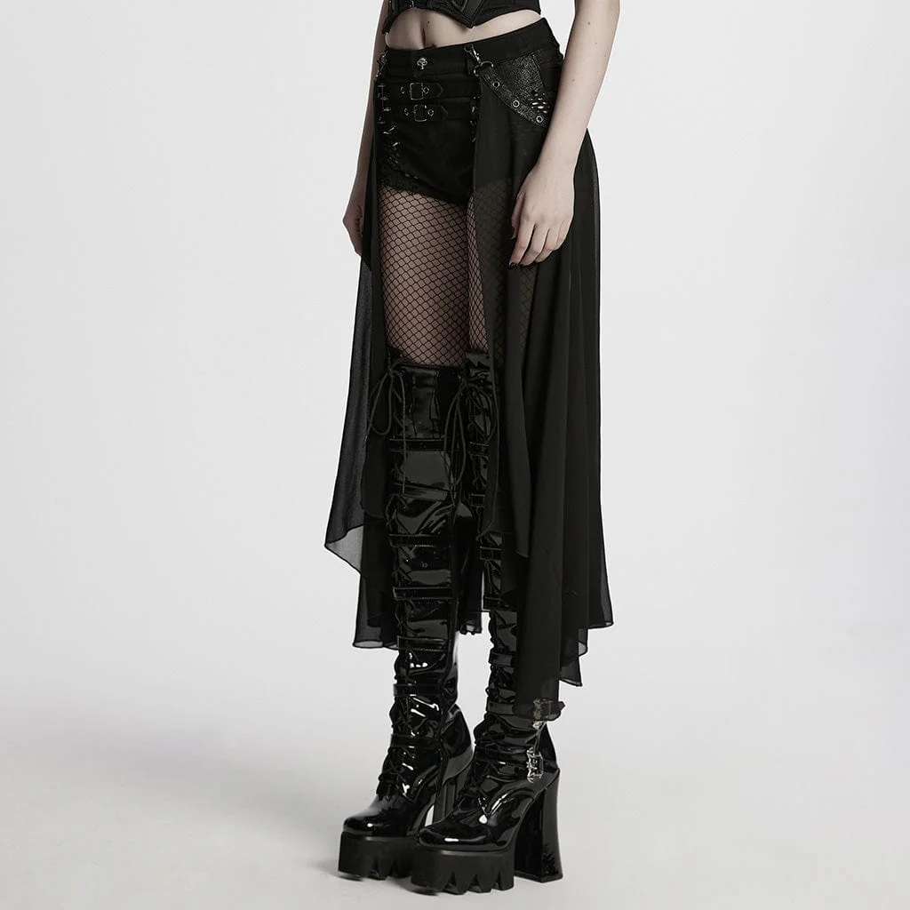 Women's Punk Studded Distressed Shorts with Detachable Kilt - Image 2