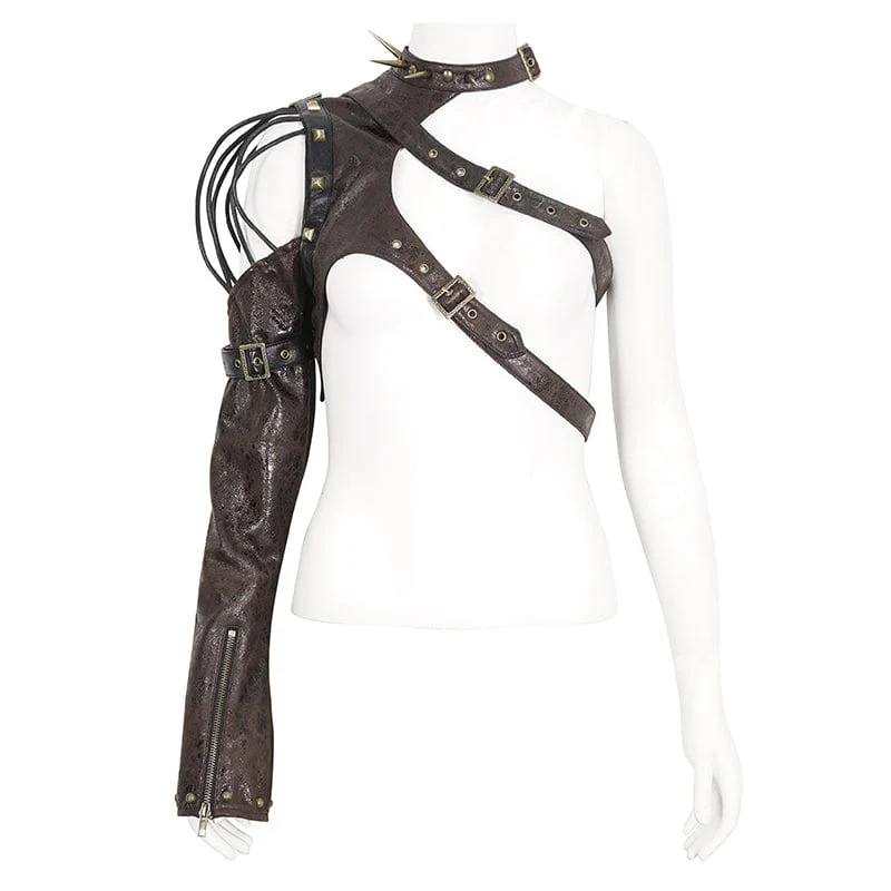 Women's Punk Studded Faux Leather Harness Coffee - Image 6