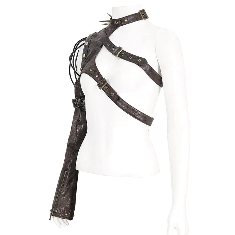 Women's Punk Studded Faux Leather Harness Coffee - Image 7