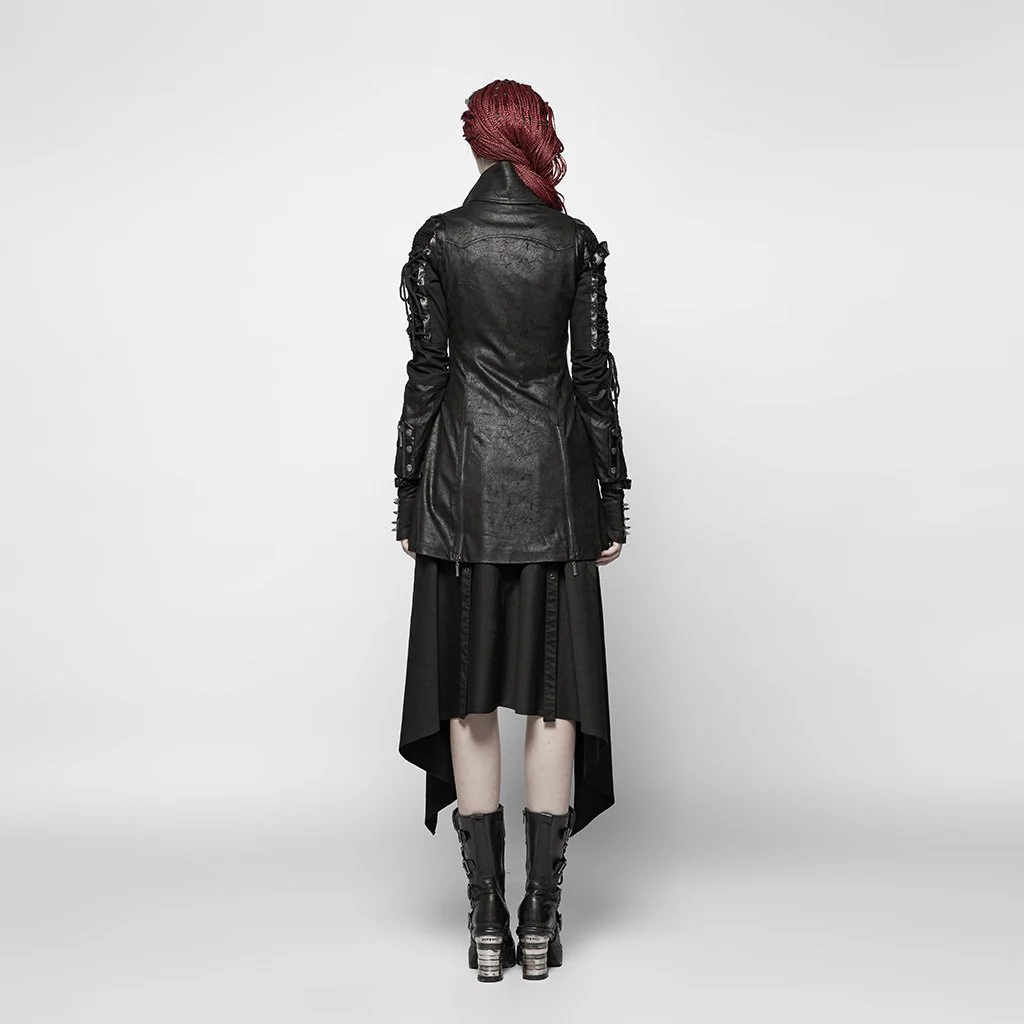 Women's Punk Studded Faux Leather Zipper Jacket Black - Image 7
