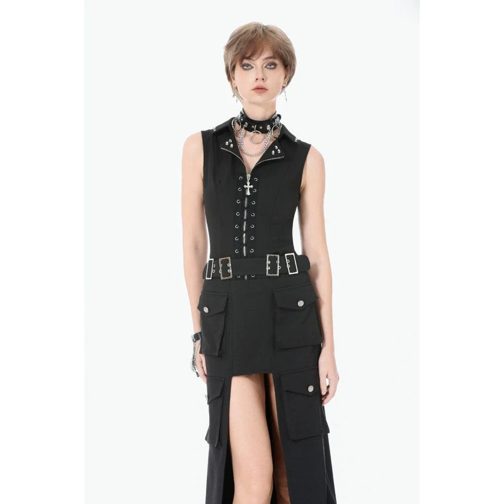 Women's Punk Studded Lace-up Zip Turn-down Collar Vest - Image 2