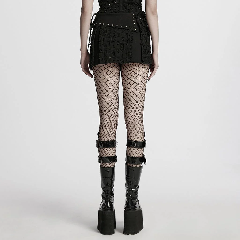 Women's Punk Studded Ripped Denim Skirt - Image 3