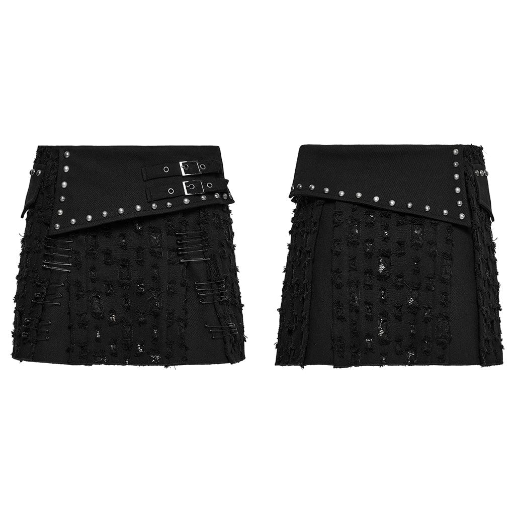 Women's Punk Studded Ripped Denim Skirt - Image 5