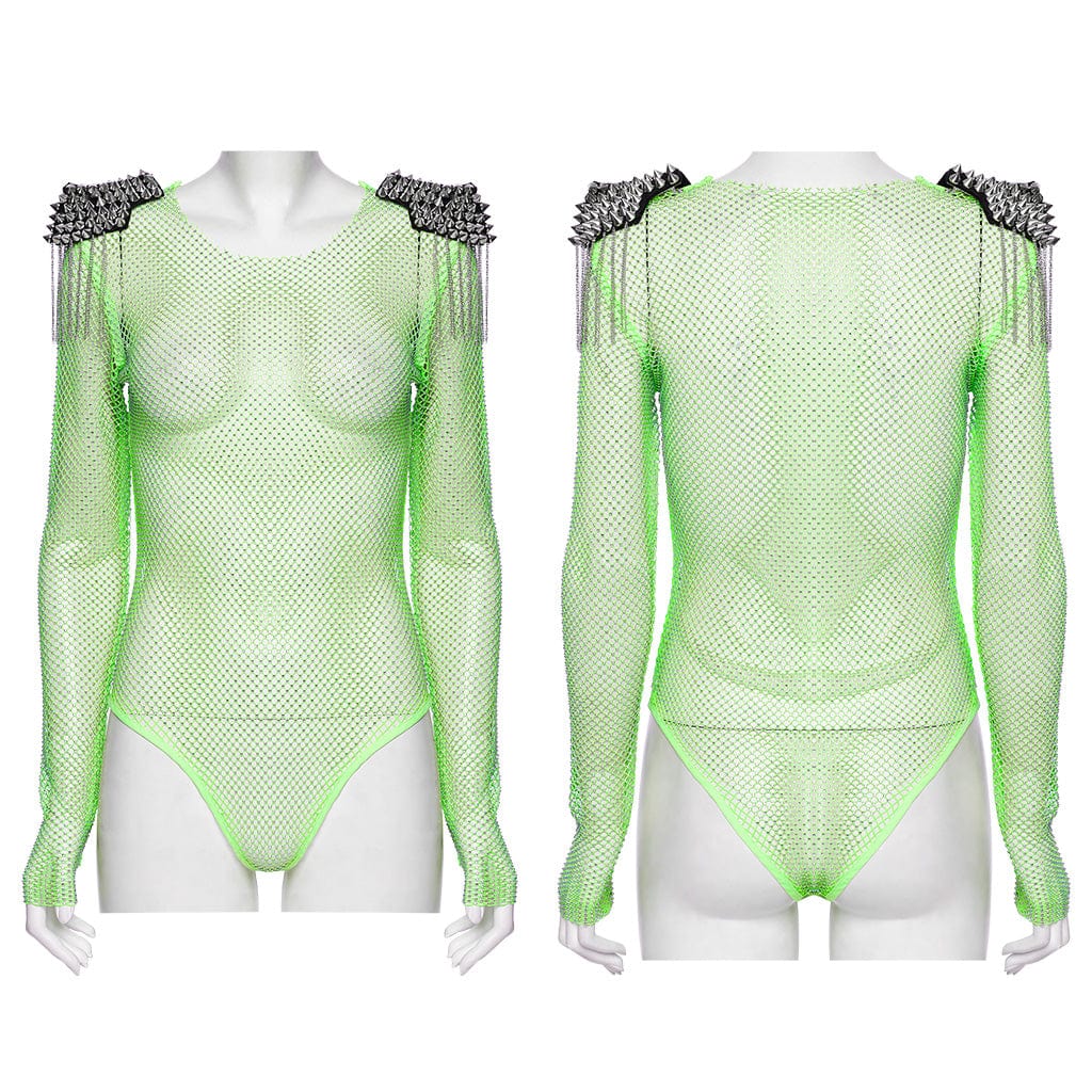 Women's Punk Studded Tassel Mesh Bodysuit Green - Image 5