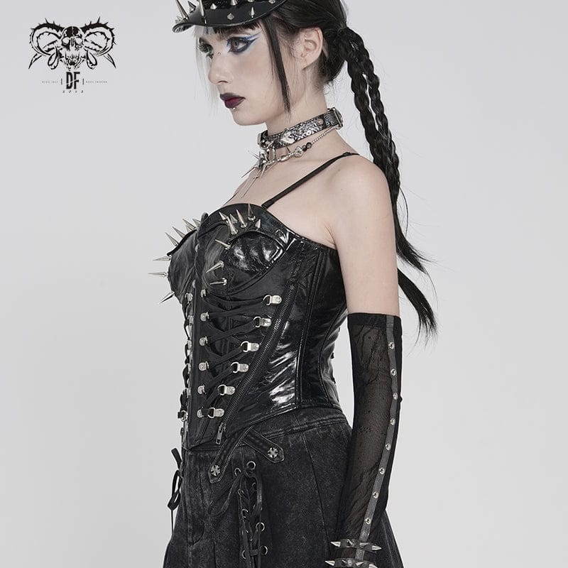 Women's Punk Studded Zip Lace-up Overbust Corset Black - Image 3