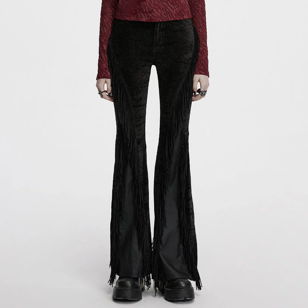 Women's Punk Tassel Splice Flared Pants Black