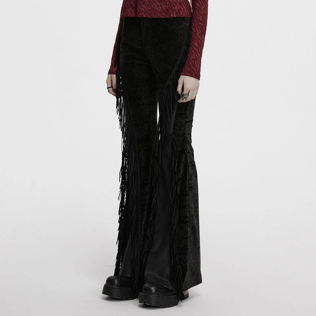 Women's Punk Tassel Splice Flared Pants Black - Image 2