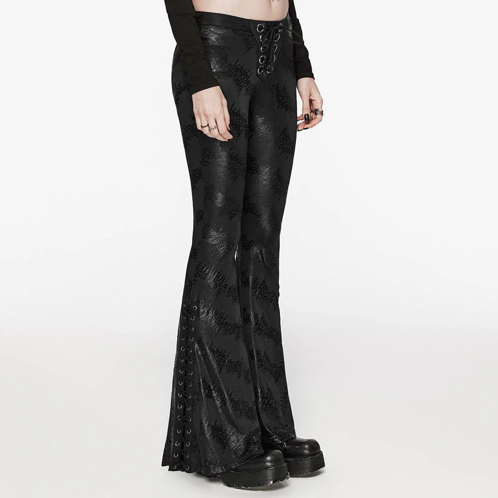 Women's Punk Thorns Printed Lace-up Flared Pants Black - Image 2