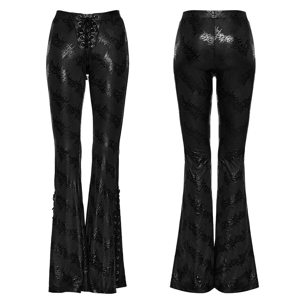 Women's Punk Thorns Printed Lace-up Flared Pants Black - Image 5