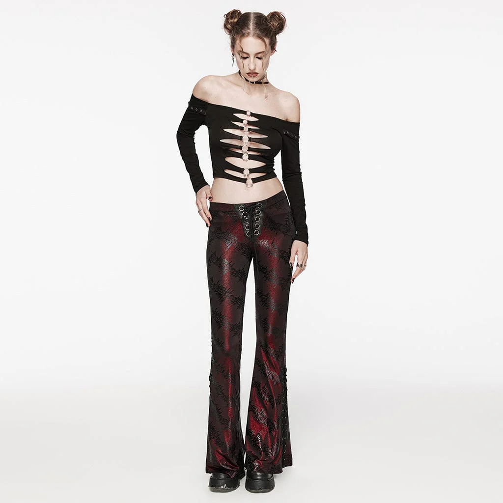 Women's Punk Thorns Printed Lace-up Flared Pants Red - Image 4