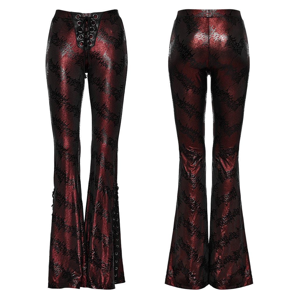 Women's Punk Thorns Printed Lace-up Flared Pants Red - Image 5