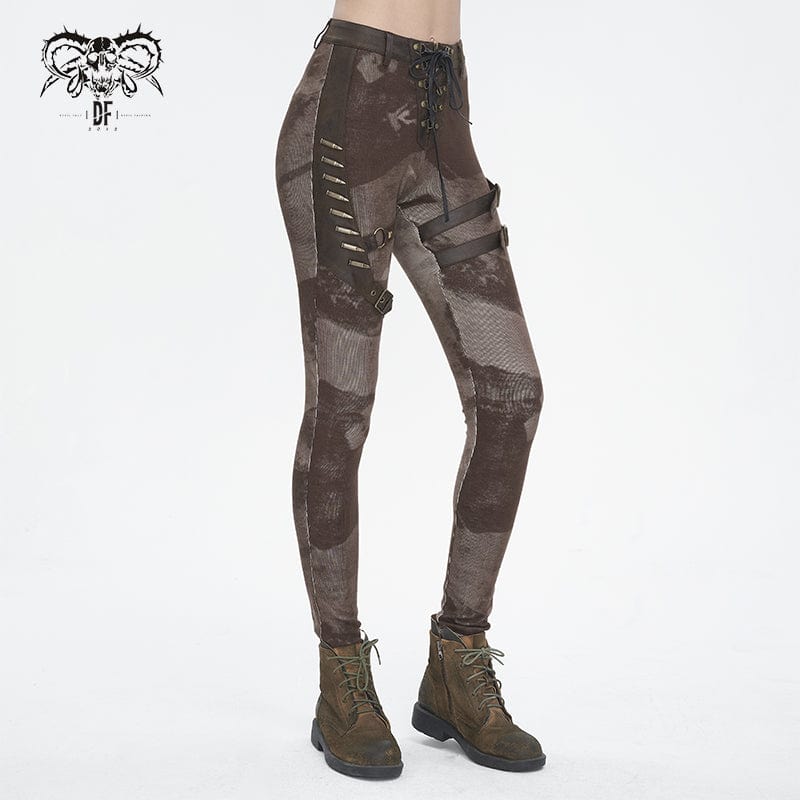 Women's Punk Tie-dyed Buckle Lace-Up Leggings Coffee - Image 2