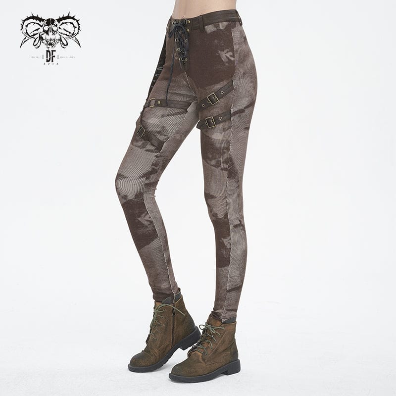 Women's Punk Tie-dyed Buckle Lace-Up Leggings Coffee - Image 3