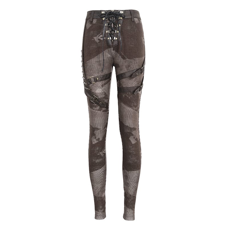 Women's Punk Tie-dyed Buckle Lace-Up Leggings Coffee - Image 5