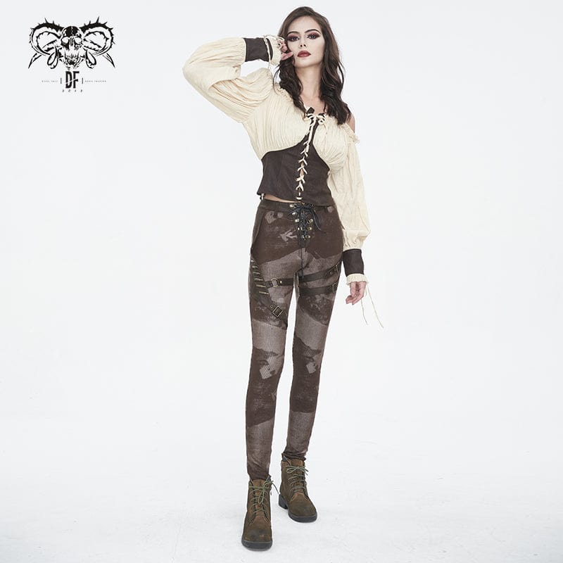 Women's Punk Tie-dyed Buckle Lace-Up Leggings Coffee - Image 6