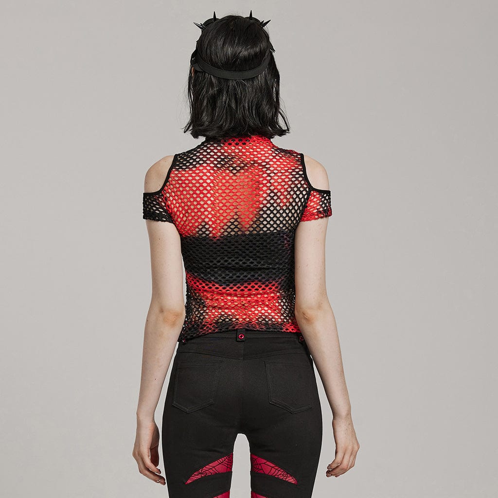 Women's Punk Tie-dyed Cutout Mesh Top Black-Red - Image 3