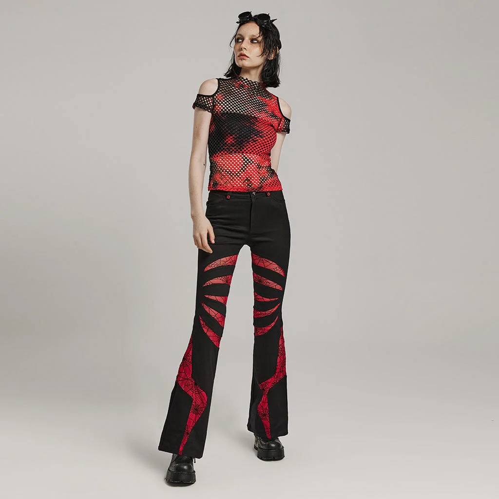 Women's Punk Tie-dyed Cutout Mesh Top Black-Red - Image 4