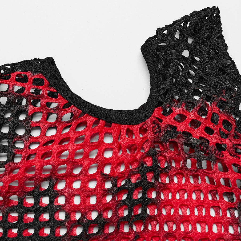 Women's Punk Tie-dyed Cutout Mesh Top Black-Red - Image 9