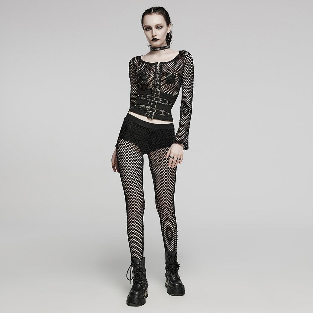 Women's Punk Tie-dyed Mesh Leggings Black - Image 4