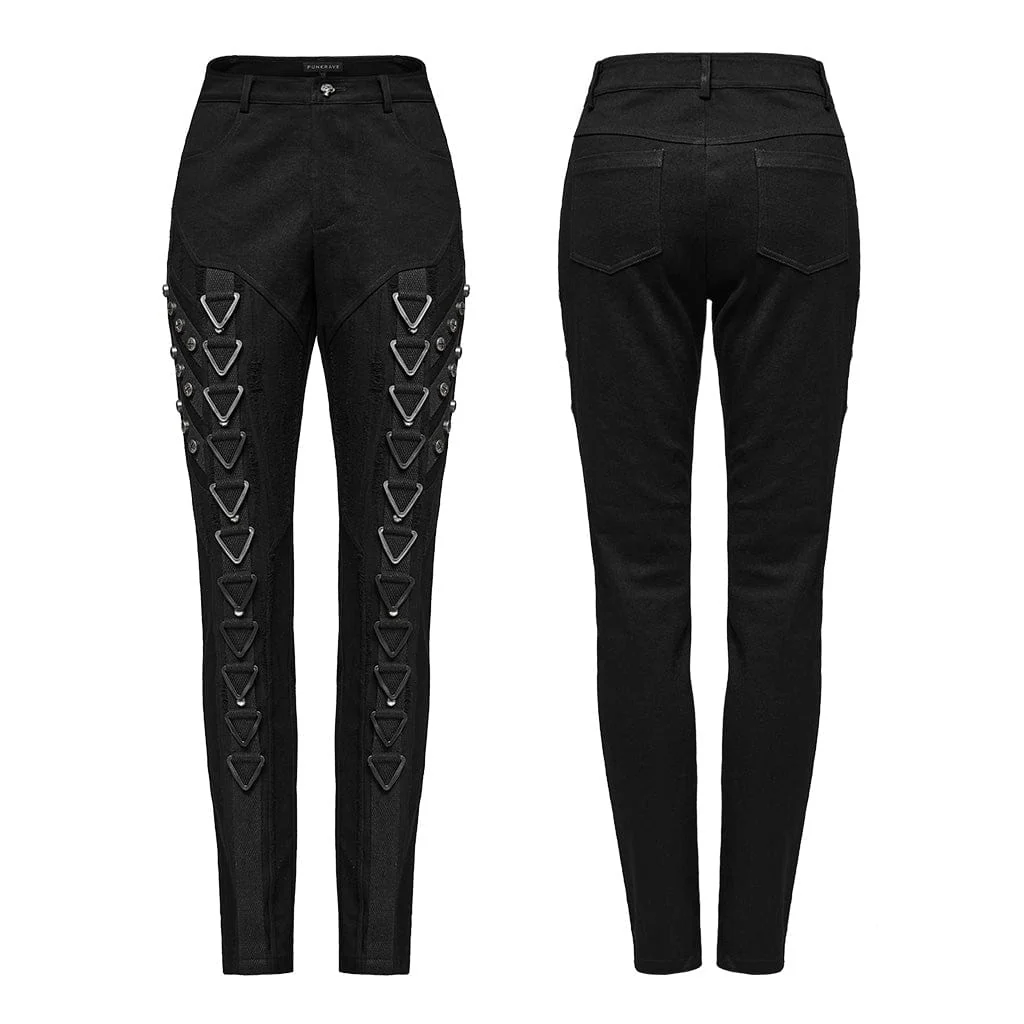 Women's Punk Triangular Buckle Splice Mesh Pants - Image 5